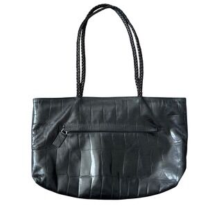 Falor Le Borse Crocodile Embossed Leather Shoulder Bag‎ Black Made in Italy
